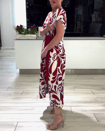 CD | Rochie elegantă cu mânecă scurtă, cu imprimeu și talie