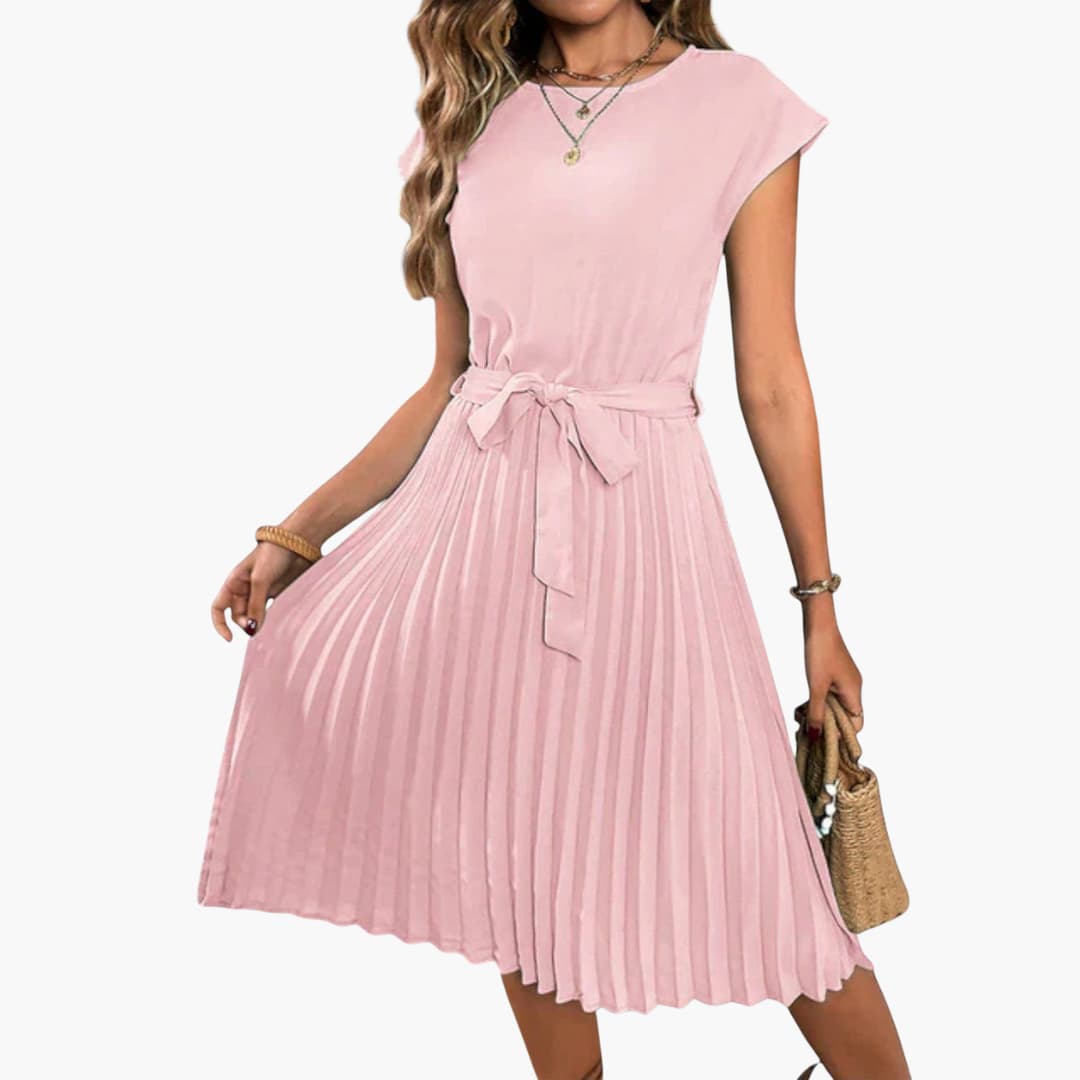 CD | Rochie midi casual pentru femei cu fustă plisată și curea cu cravată
