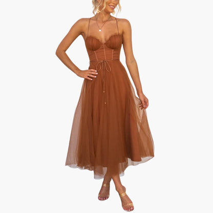 CD | Rochie maxi din tul pentru femei cu bretele spaghetti și bust adunat