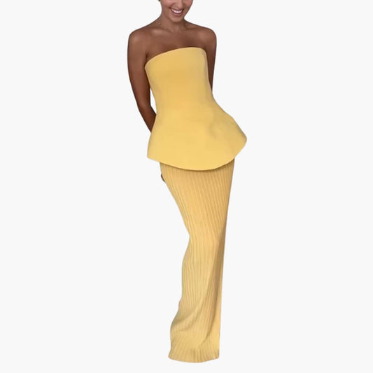 CD | Rochie maxi fără bretele pentru femei cu fustă plisată și corset peplum