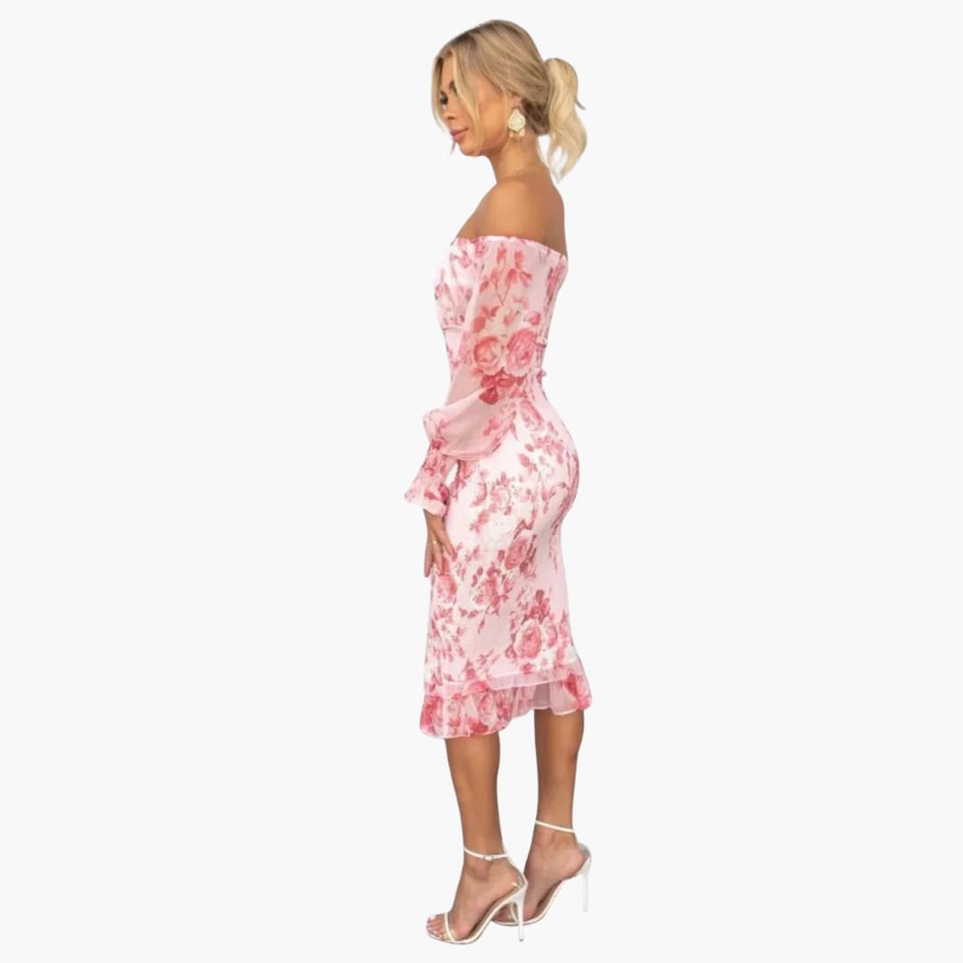 CD | Rochie midi de vară pentru femei cu imprimeu floral și mâneci transparente