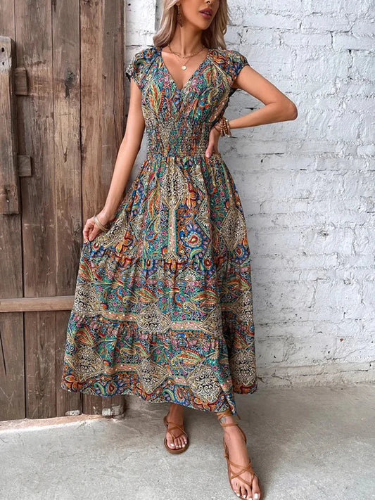 CD | Rochie lungă de vară colorată cu model paisley, adunată în talie
