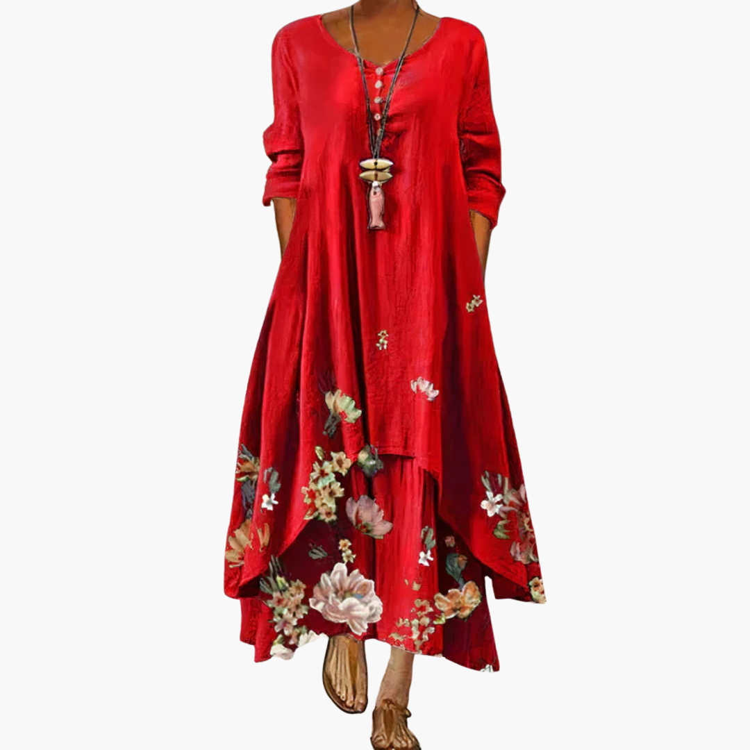 CD | Rochie maxi de vară pentru femei cu mâneci lungi și imprimeu floral