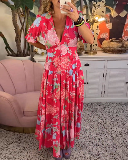 CD | Rochie maxi florală cu mânecă scurtă și decolteu în V