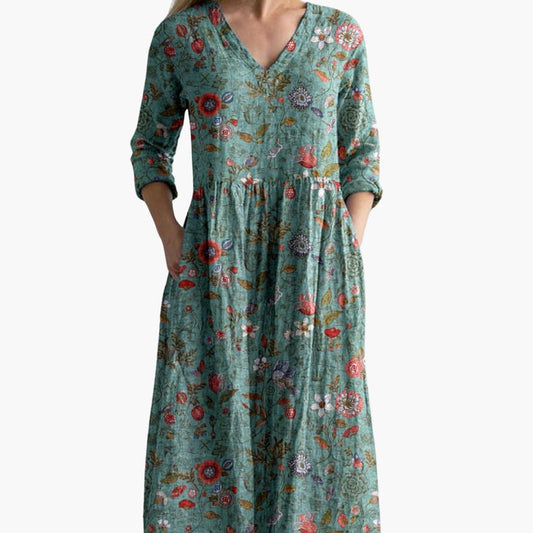 CD | Rochie lungă florală pentru femei cu decolteu în V și buzunare laterale