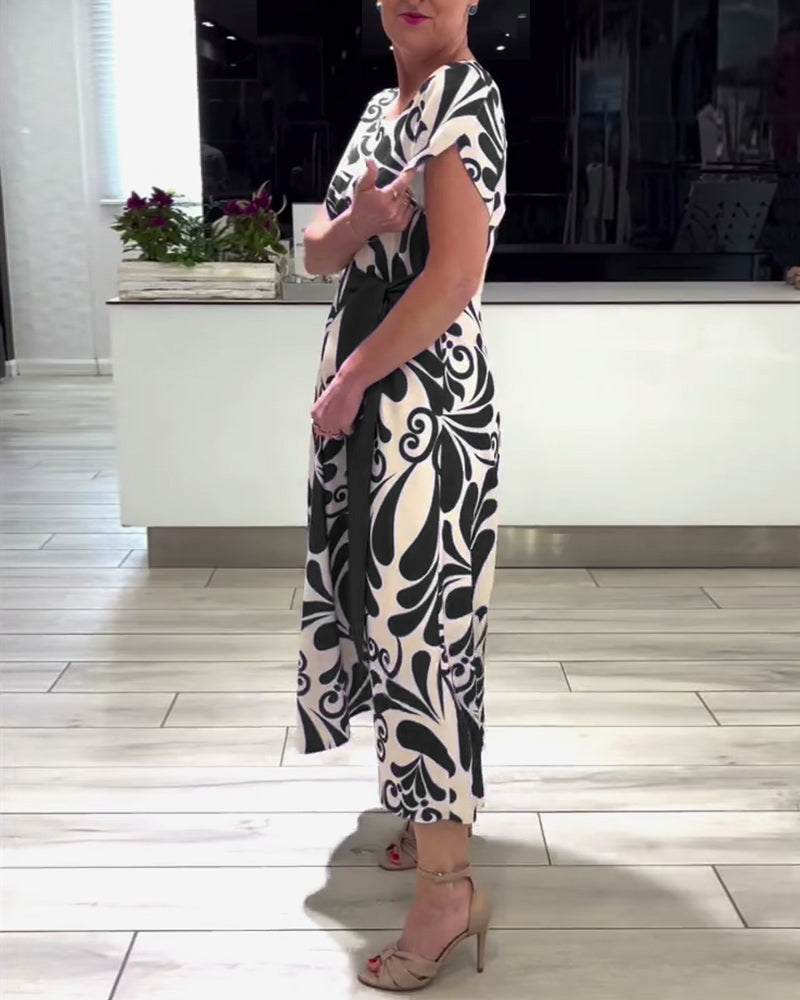 CD | Rochie elegantă cu mânecă scurtă, cu imprimeu și talie