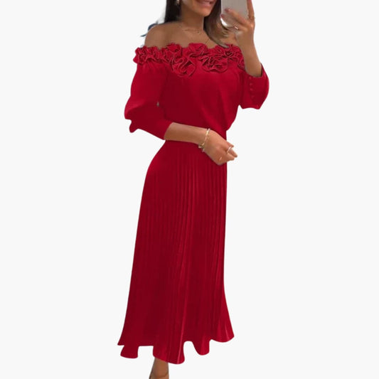 CD | Rochie maxi pentru femei cu decolteu pe umeri și fustă plisată