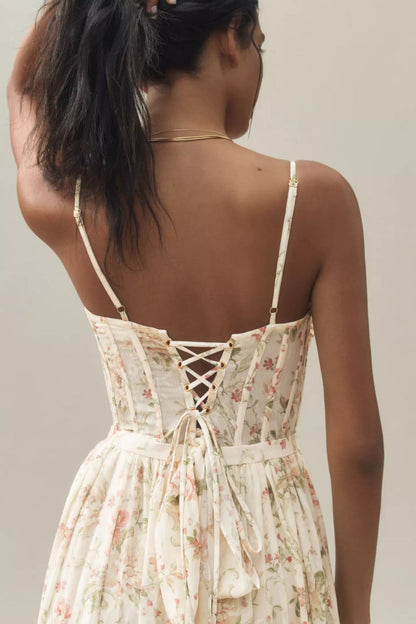 CD | Rochie lungă stil corset cu bretele înguste, tiv cu volane și imprimeu floral