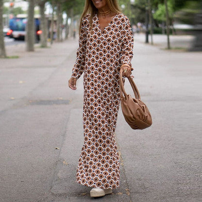 CD | Rochie maxi pentru femei - Ținută lejeră - Decolteu în V - Mâneci lungi - Fante laterale - Imprimeu îndrăzneț