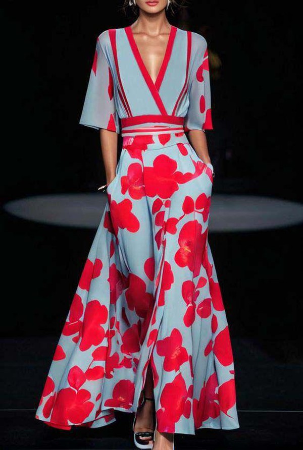 CD | Rochie maxi albastră cu model floral și decolteu în V pentru femei
