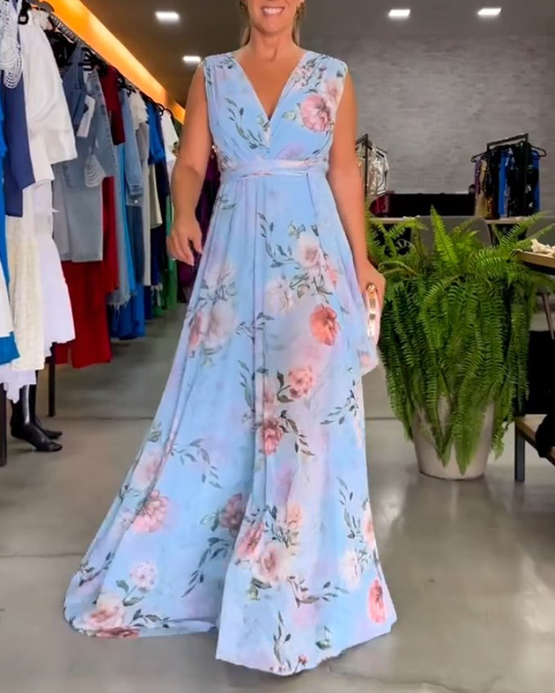 CD | Rochie lungă florală fără mâneci cu tiv despicat