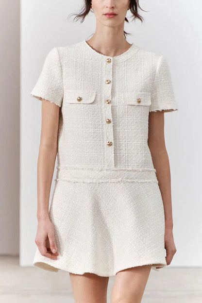 CD | 1960s London Girl tweed texturat aur buton cu mânecă scurtă buzunar mini rochie
