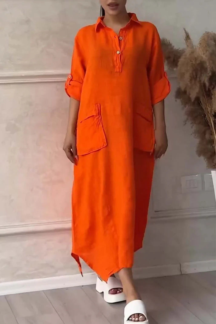 CD | Rochie maxi pentru femei din in și bumbac cu rever