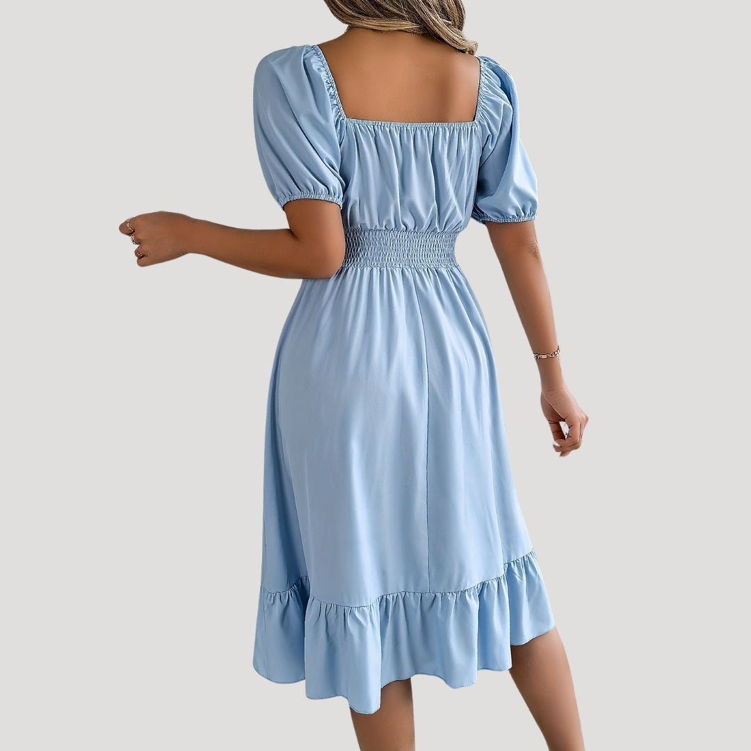 CD | Rochie midi cu mâneci bufante cu talie smocked