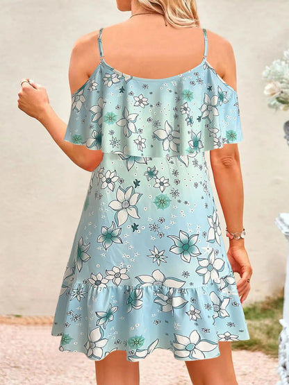 CD | Floral Cold Shoulder Ruffle Mini Rochie