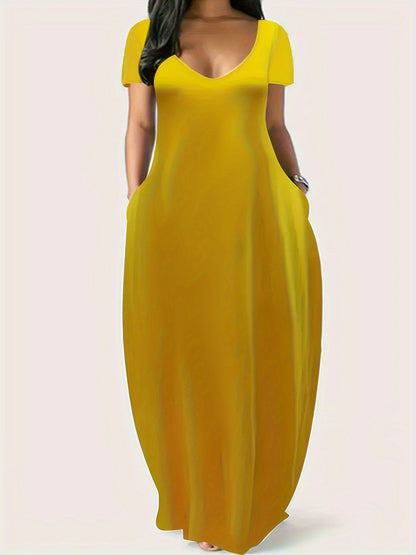 CD | Rochie maxi pentru femei - Croială fluidă - Decolteu în V - Mâneci scurte - Lightweight cu buzunare