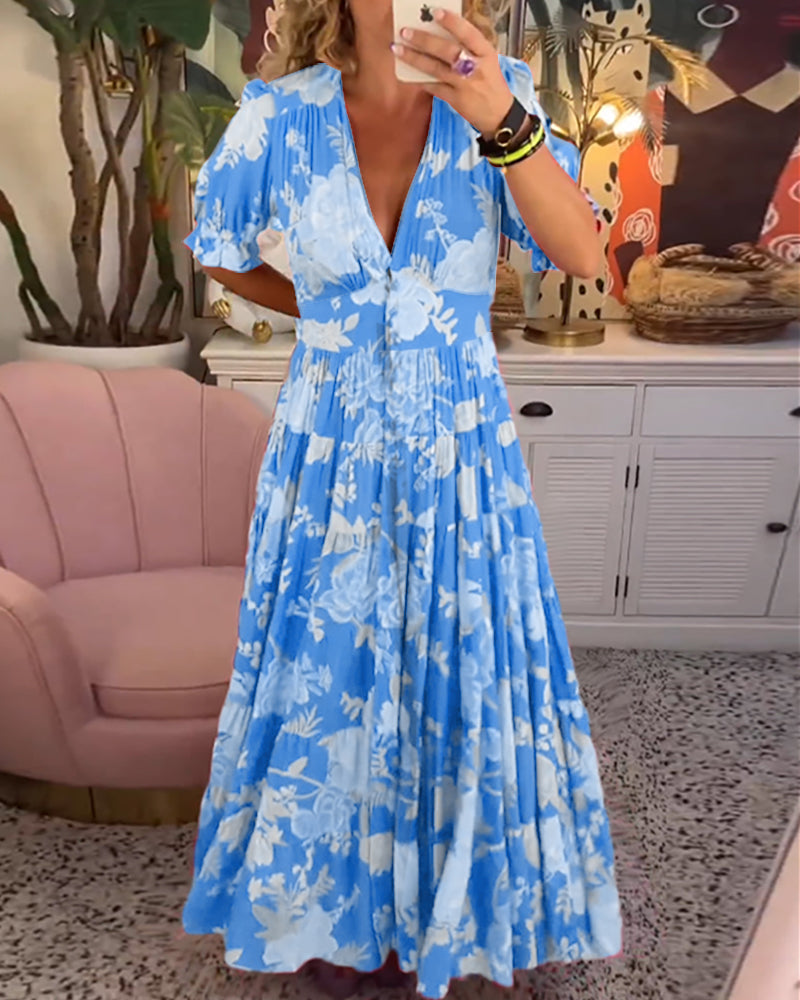 CD | Rochie maxi florală cu mânecă scurtă și decolteu în V