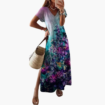 CD | Rochie maxi florală pentru femei cu decolteu în V și crăpătură laterală
