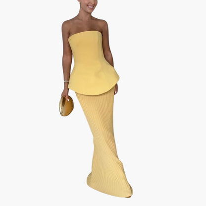 CD | Rochie maxi fără bretele pentru femei cu fustă plisată și corset peplum