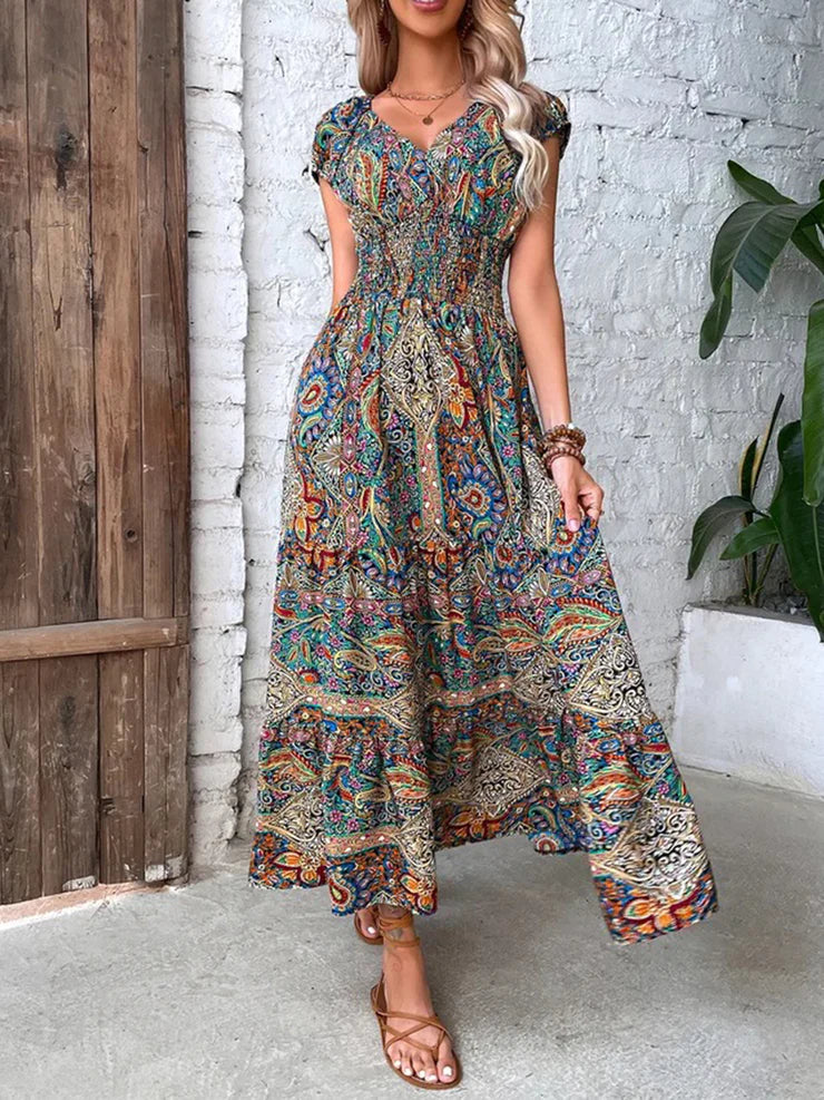 CD | Rochie lungă de vară colorată cu model paisley, adunată în talie