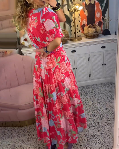 CD | Rochie maxi florală cu mânecă scurtă și decolteu în V