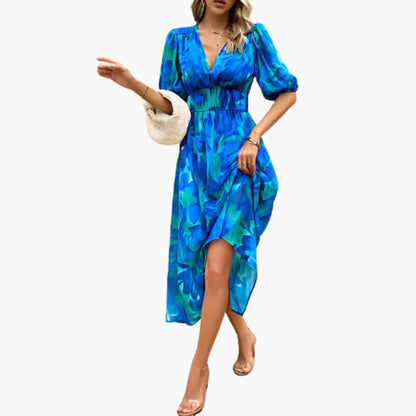 CD | Rochie midi de vară pentru femei cu imprimeu floral și mâneci lanternă