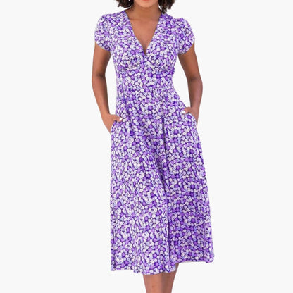 CD | Rochie midi florală pentru femei cu buzunare și mâneci scurte