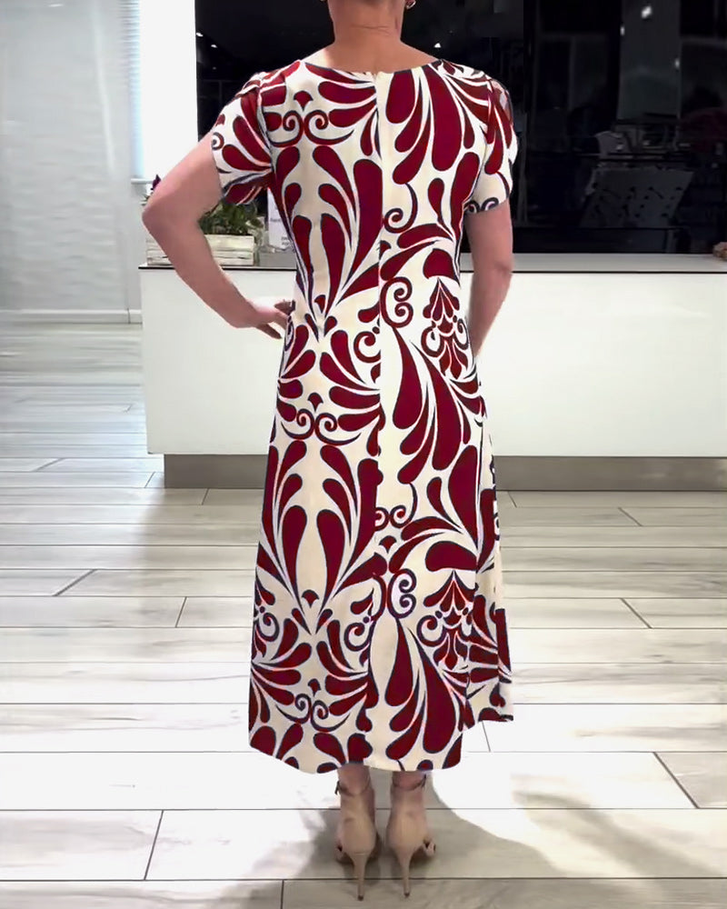 CD | Rochie elegantă cu mânecă scurtă, cu imprimeu și talie