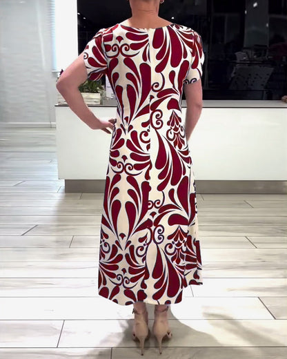 CD | Rochie elegantă cu mânecă scurtă, cu imprimeu și talie