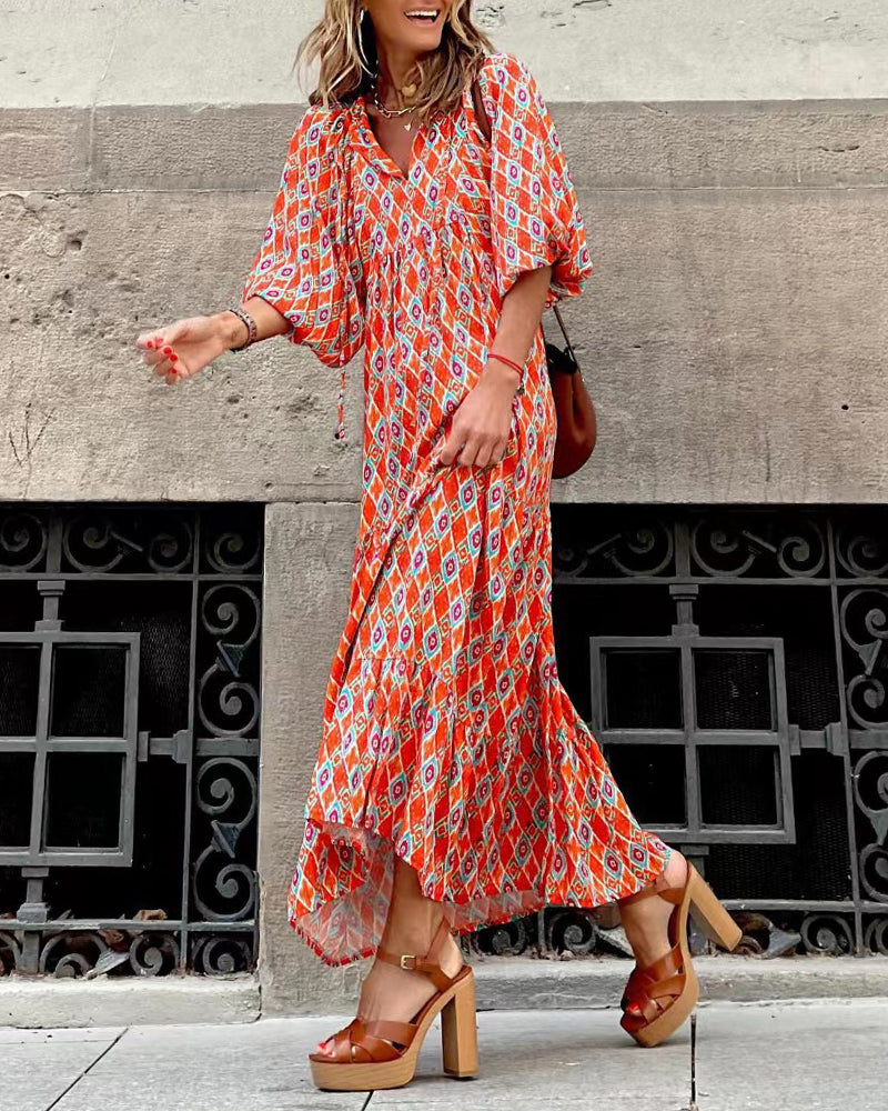 CD | respirabil Lantern Sleeve florale imprimare rochie lungă vrac V-Neck moda vara plaja rochie