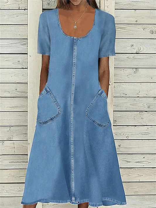CD | Denim Rochie Casual Rochie Casual Rochie Midi Denim Casual Classic Outdoor Daily Holiday U Neck Bag Short Sleeve Summer Spring Autumn AH516