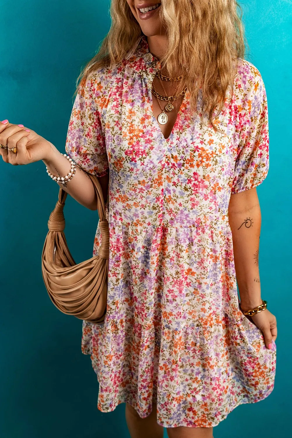 CD | Rochie mini floral cu mâneci bufante crestate