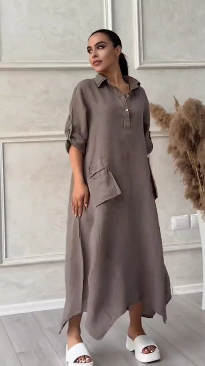 CD | Rochie maxi pentru femei din in și bumbac cu rever