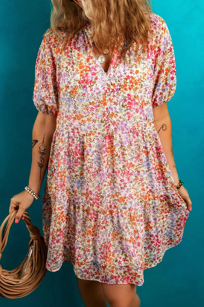 CD | Rochie mini floral cu mâneci bufante crestate