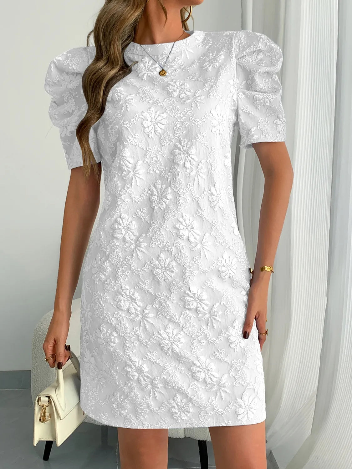 CD | Gât rotund puffy cu mânecă scurtă rochie mini