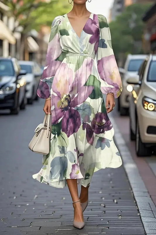 CD | Rochie midi unică cu model floral și decolteu în V