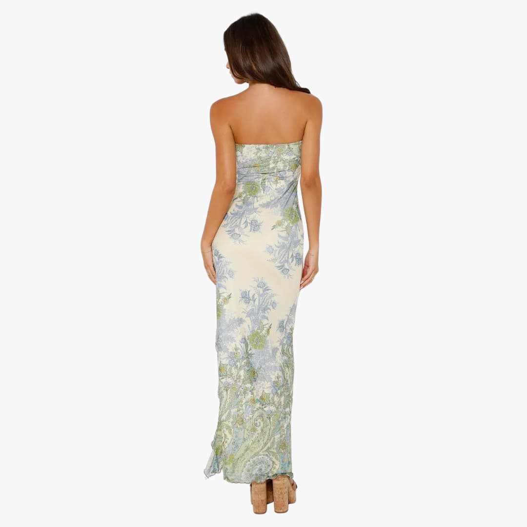 CD | Rochie maxi fără bretele, cu model floral și crăpătură înaltă la tiv