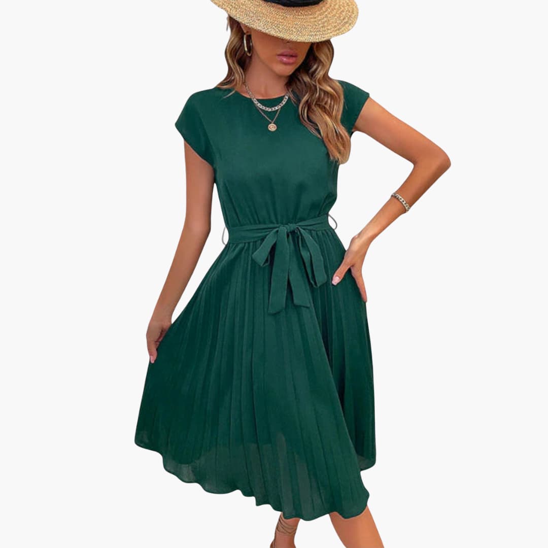 CD | Rochie midi casual pentru femei cu fustă plisată și curea cu cravată