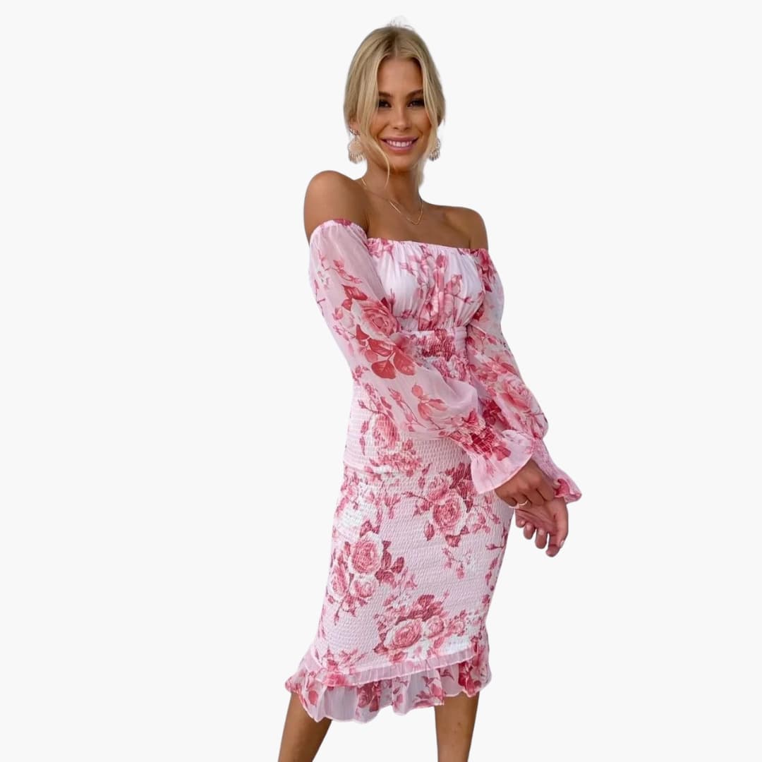 CD | Rochie midi de vară pentru femei cu imprimeu floral și mâneci transparente