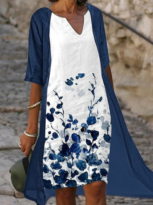 CD | Rochie midi din două piese cu imprimeu floral albastru și mâneci elegante pe jumătate