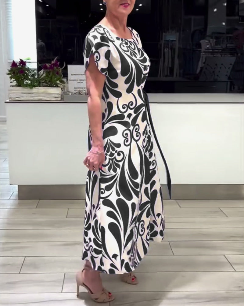 CD | Rochie elegantă cu mânecă scurtă, cu imprimeu și talie