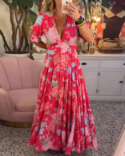 CD | Rochie maxi florală cu mânecă scurtă și decolteu în V