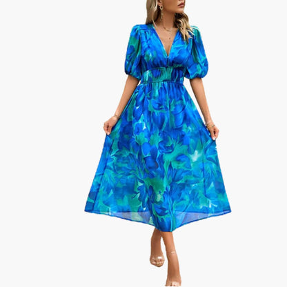 CD | Rochie midi de vară pentru femei cu imprimeu floral și mâneci lanternă