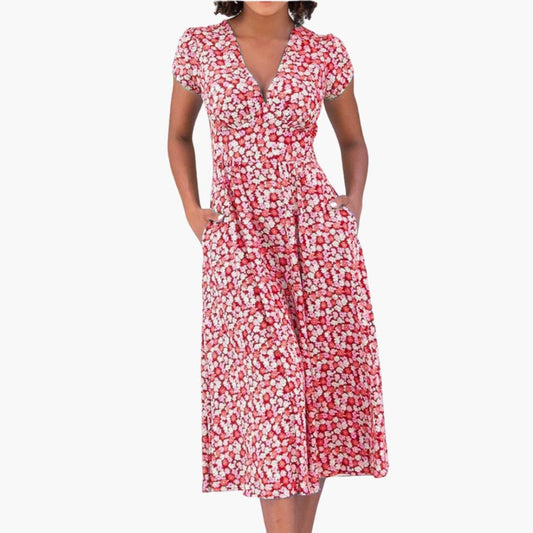 CD | Rochie midi florală pentru femei cu buzunare și mâneci scurte