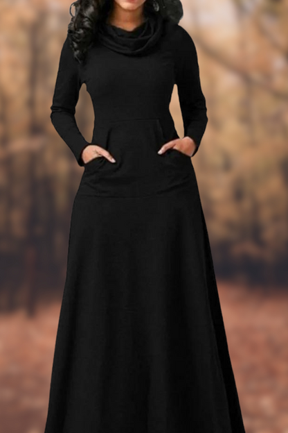 CD | Rochie maxi casual cu mânecă lungă, decolteu rotund și buzunar