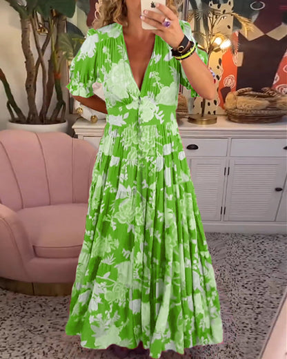 CD | Rochie maxi florală cu mânecă scurtă și decolteu în V