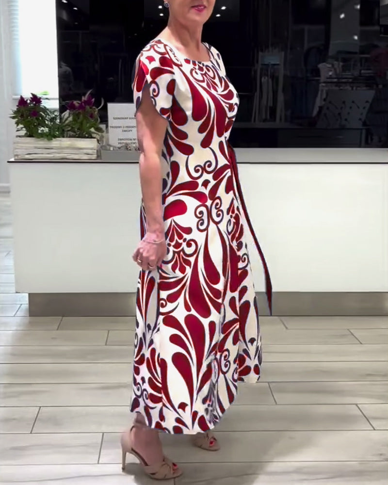 CD | Rochie elegantă cu mânecă scurtă, cu imprimeu și talie
