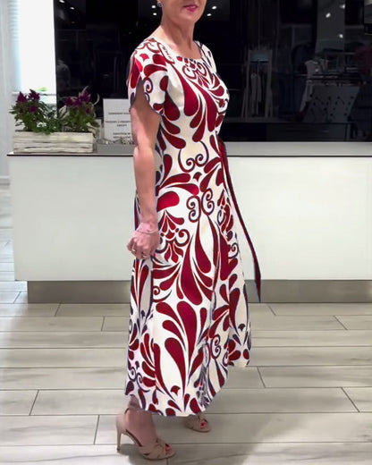 CD | Rochie elegantă cu mânecă scurtă, cu imprimeu și talie