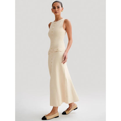 CD | Rochie maxi elegantă fără mâneci cu nasturi pentru femei