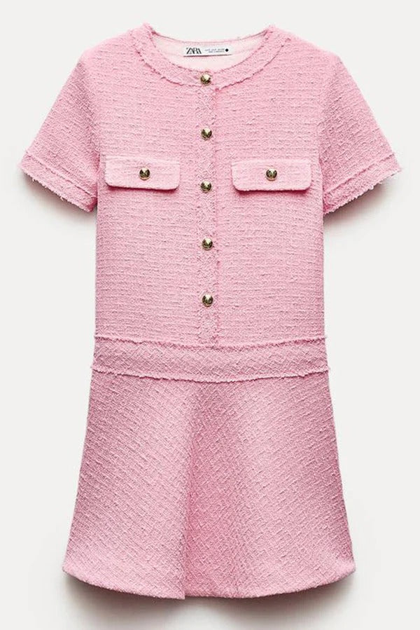 CD | 1960s London Girl tweed texturat aur buton cu mânecă scurtă buzunar mini rochie